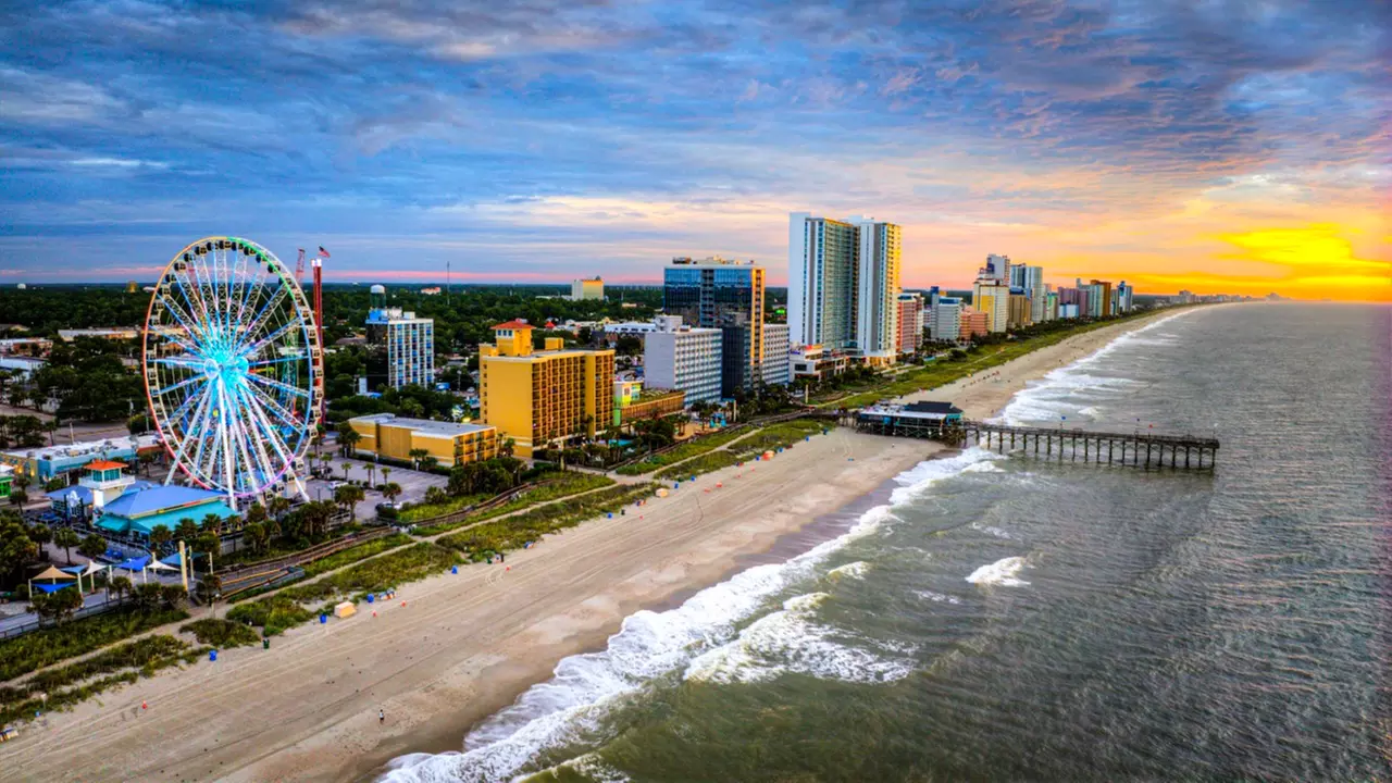 Myrtle Beach Skywheel aerial view at sunset